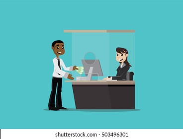 Cartoon character, African businessman deposit money in the bank., vector eps10