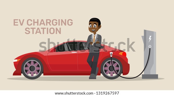 Cartoon character, African Businessman Electric car\
charging., vector\
eps10