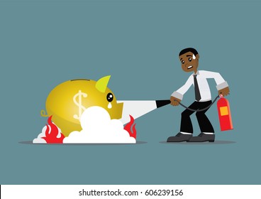 Cartoon character, African businessman fighting fire burning piggy bank., vector eps10