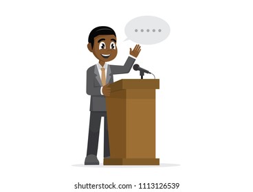 Cartoon character, African Businessman giving a speech at podium.,vector eps10