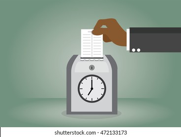 Cartoon character, African businessman Hand holding card on time clock recorder., vector eps10