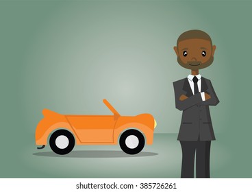 Cartoon character, African businessman and his car., vector eps10