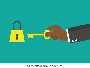Cartoon character, African businessman hold the keys to unlock them., vector eps10