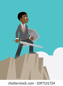 Cartoon character, African businessman holding a sword and shield on top of cliff.,vector eps10