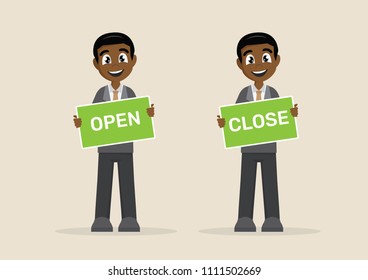 Cartoon character, African Businessman holding a sign Open and close., vector eps10