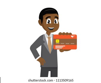 Cartoon character, African Businessman holding a Credit card., vector eps10