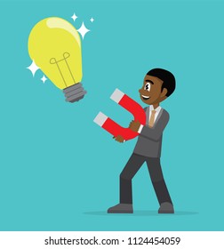 Cartoon character, African Businessman holding magnet attracting light bulbs idea., vector eps10