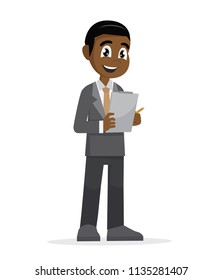 Cartoon character, African Businessman holding clipboard and takes notes on it., vector eps10