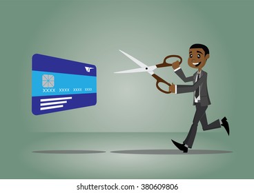Cartoon character, African businessman holding scissors to cut credit card., vector eps10