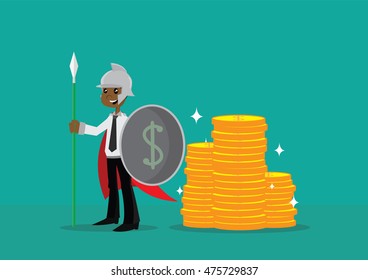 Cartoon character, African businessman holding a spear and Shield Protecting Gold coin., vector eps10