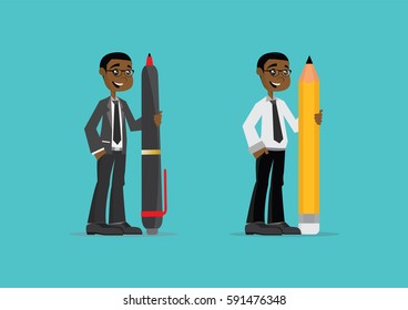 Cartoon character, African businessman holding a Pen and Pencil., vector eps10