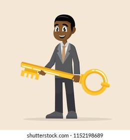 Cartoon character, African Businessman holds a golden key in his hand.,vector eps10