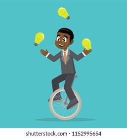 Cartoon character, African Businessman juggling light bulb while cycling.,vector eps10