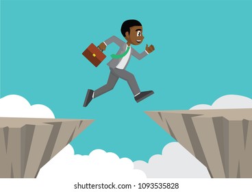 Cartoon character, African Businessman jump over cliff gap.,vector eps10