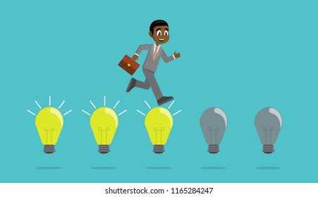 Cartoon character, African Businessman jump on light bulbs.,vector eps10