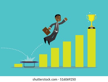Cartoon character, African businessman jumps to success on a graph using Trampoline., vector eps10