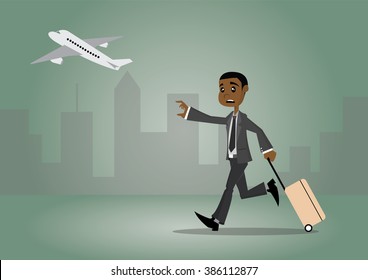 Cartoon character, African businessman late for a flight., vector eps10