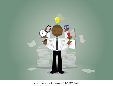 Cartoon character, African businessman with multitasking and multi skill.,vector eps10