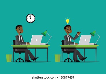 Cartoon character, African businessman on desk and computer., vector eps10