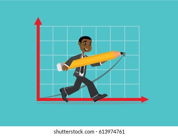Cartoon character, African businessman with a pencil is drawing success of business graph., vector eps10