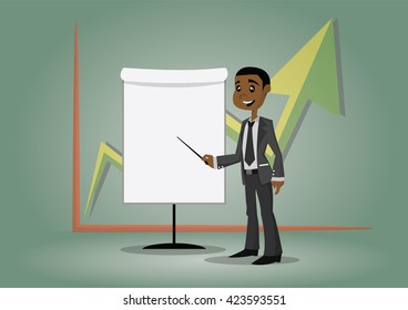 Cartoon character, African businessman pointing a whiteboard, vector eps10
