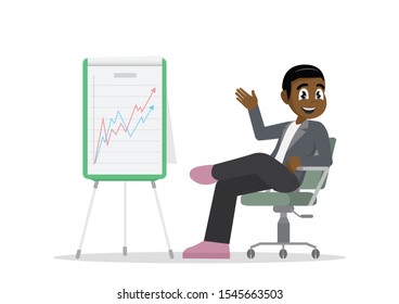Cartoon character, African Businessman relaxing in his chair with growing graph.,vector eps10