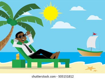 Cartoon character, African businessman relaxing on beach., vector eps10
