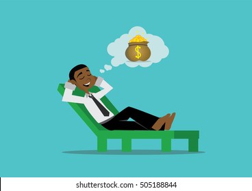 Cartoon character, African businessman relaxing and dreaming about money., vector eps10