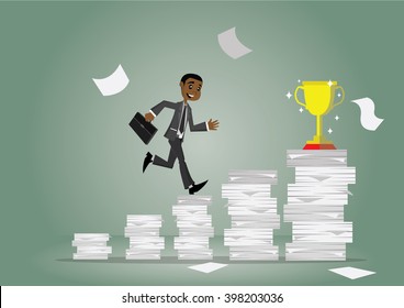 Cartoon character, African businessman run through the hard work for success., vector eps10