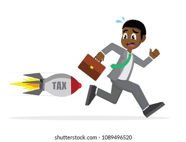 Cartoon character, African Businessman running away from rocket tax.,vector eps10