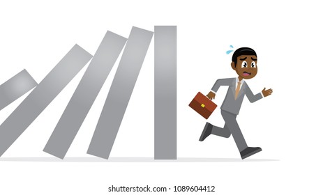 Cartoon character, African Businessman running away from domino effect.,vector eps10
