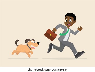 Cartoon character, African businessman running away from Dogs chases to bite.,vector eps10