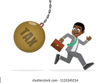 Cartoon character, African businessman running away from tax pendulum., vector eps10