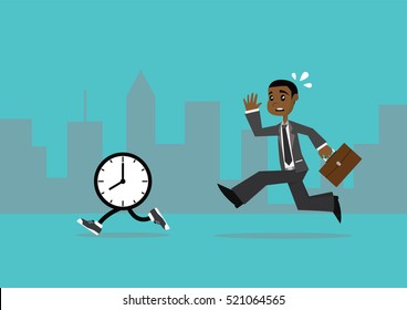 Cartoon character, African businessman running a race against time., vector eps10