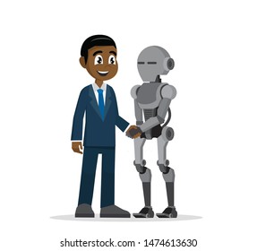 Cartoon character, African businessman shaking robot hand.,vector eps10