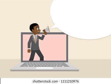 Cartoon character, African Businessman shouting through loud speaker in screen laptop.,vector eps10