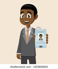 Cartoon character, African Businessman shows his tag badge id card., vector eps10