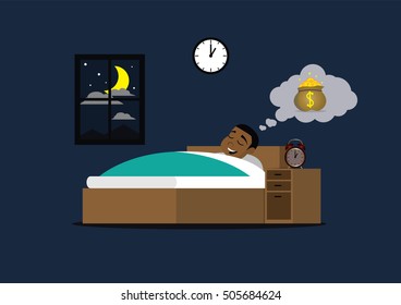 Cartoon character, African businessman sleeping on the bed and dreaming about money., vector eps10
