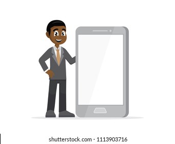 Cartoon character, African businessman and smartphone with white screen., vector eps10
