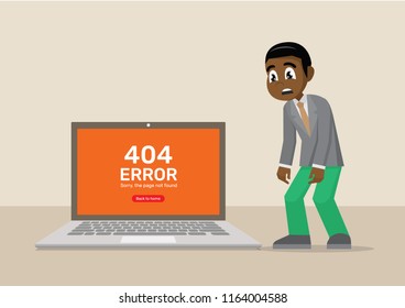 Cartoon character, African Businessman Standing sadly. computer about page not found Error 404.,vector eps10