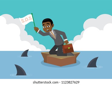 Cartoon character, African Businessman surrounded by shark.,vector eps10