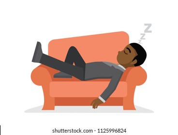 Cartoon character, African businessman taking a nap on sofa.,vector eps10