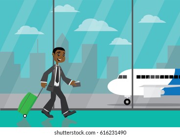 Cartoon character, African Businessman traveling by airplane., vector eps10