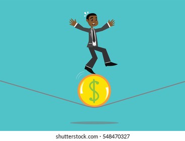 Cartoon character, African businessman trying to stand a dollar coin on a rope., Vector eps10.