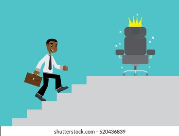 Cartoon character, African businessman Walking Up Stairs go to leadership positions., vector eps10