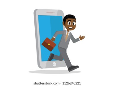 Cartoon character, African Businessman work through smartphones., vector eps10