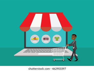 Cartoon character, African businessmen shopping in online stores on the computer., vector eps10