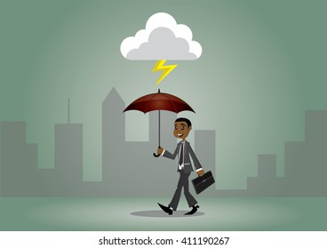 Cartoon character, African businessmen umbrella to protect himself from the thunderclap., vector eps10