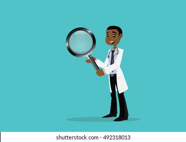 Cartoon character, African doctor holding a magnifying glass., vector eps10