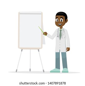 Cartoon character, African doctor pointing a whiteboard, vector eps10
